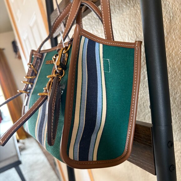 Steve Madden Green Stripe Canvas Tote Crossbody Bag Gold Hardware - Picture 5 of 7